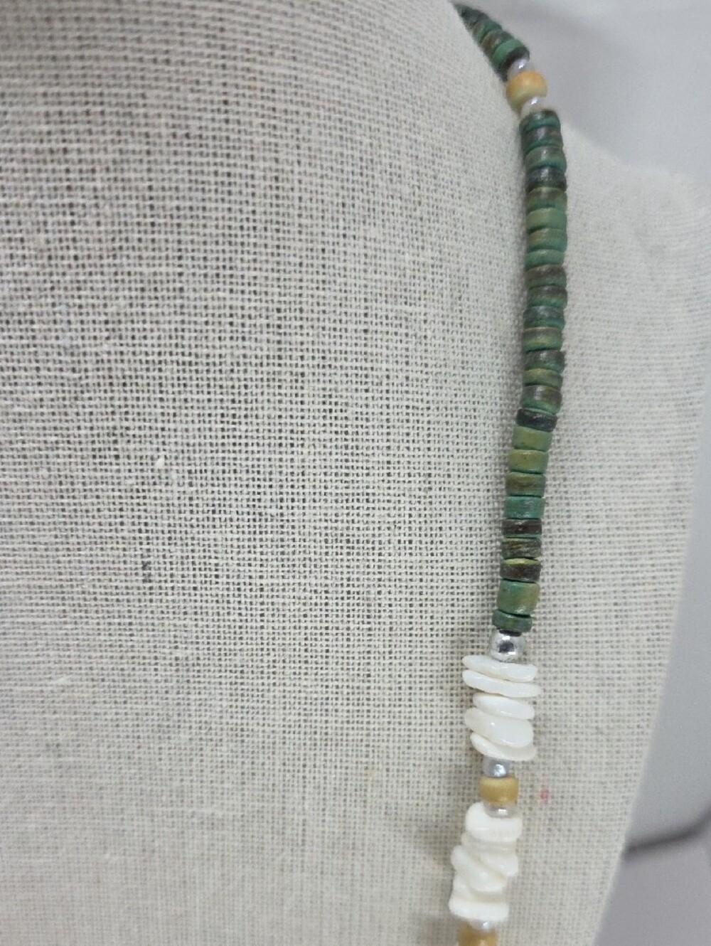Hand Crafted Green, White and Beige Leaf Pendant Necklace - Picture 5 of 10
